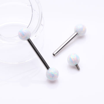 Detail View 1 of A Pair of Implant Grade Titanium Iridescent Fire Opal Ball Internally Threaded Nipple Barbell-White Opal